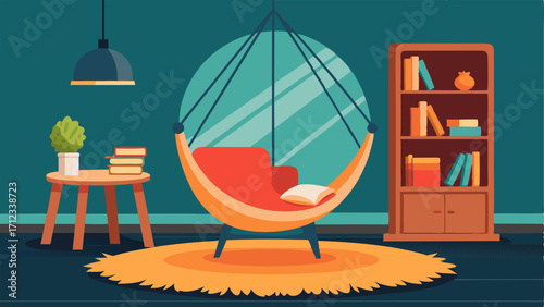 A cozy reading corner with a hammock chair a fluffy rug and a small wooden side table.