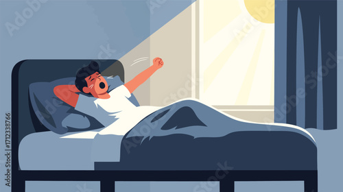 Man waking up in bed, stretching, yawning