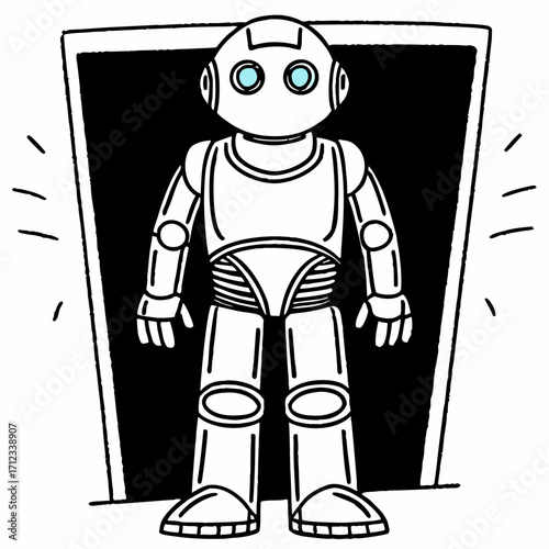 Robot character standing confidently in doorway with glowing eyes  