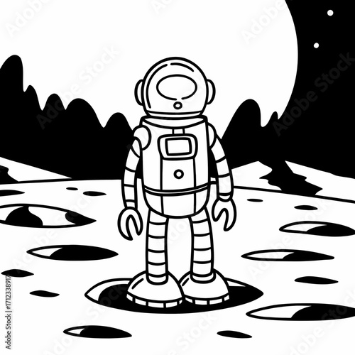 Astronaut standing on moon surface under large planet in space  