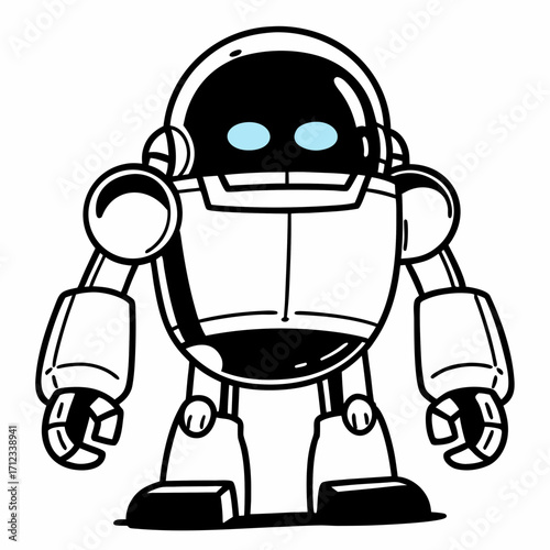 Cartoon robot character with blue eyes and friendly expression  