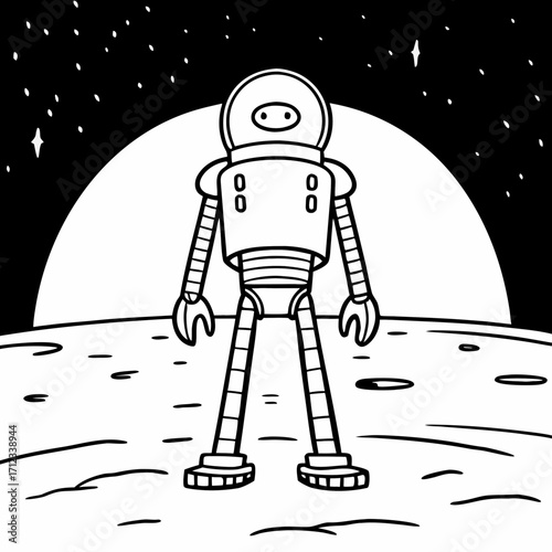 Cartoon astronaut standing on moon with stars in the background  