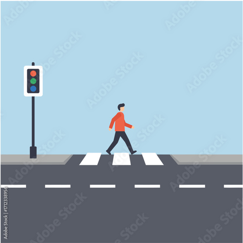 Vector art of a person walks across a crosswalk with a traffic light in the background on a clear day