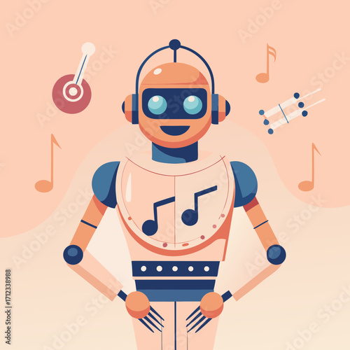 Friendly robot character playing music with notes and instruments  