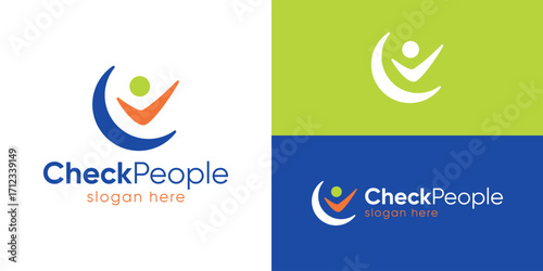 Creative simple check people logo template. Person, human with check mark logo design vector illustration.