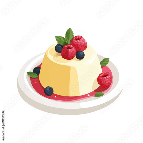 Panna Cotta, 2D flat vector illustration in icon style, isolated on a white background