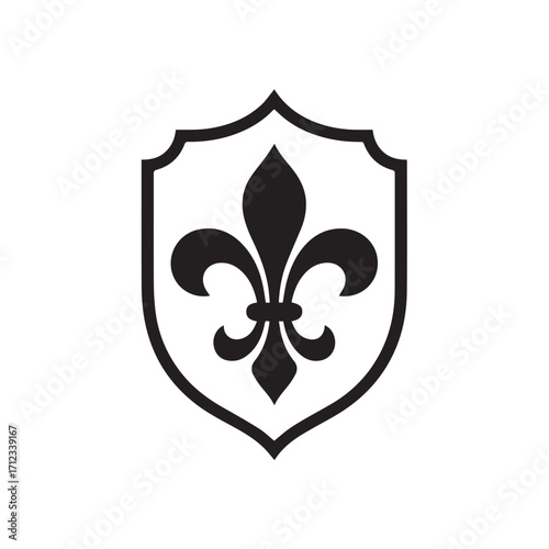 Black heraldic fleur de lis symbol inside a shield, isolated on white background technology background