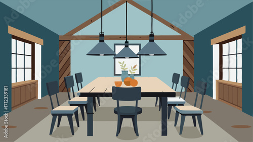 A rustic dining area with a mix of modern and traditional elements such as a farmhousestyle table and contemporary light fixtures.