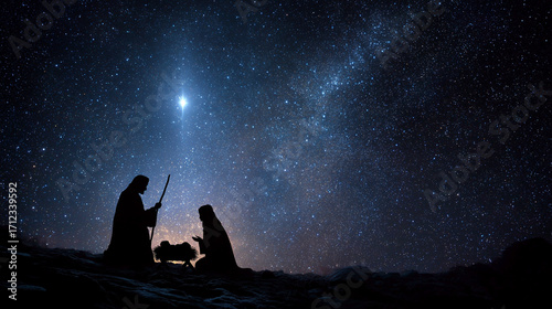 Silhouettes of Mary, mother of Jesus and Saint Joseph with the newborn Jesus Christ under the shining Christmas Star a symbolic depiction of the Nativity central to Christian myths and traditions.