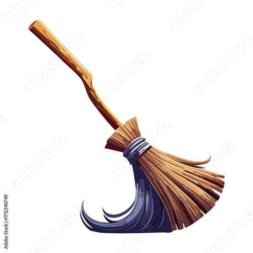 A whimsical and stylized cartoon illustration of a witch's broom with a bent wooden handle