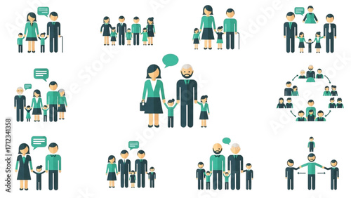 Flat Design Family and People Icons – Modern Demographic Group Illustrations in Minimal Style
