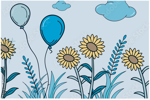 Two blue balloons float above a field of sunflowers and blue foliage against a pale blue sky floating balloon