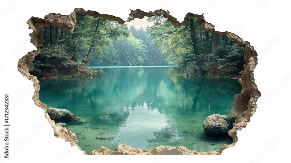 Fototapeta premium A breathtaking scenic landscape view revealing a serene turquoise lake and lush green forest emerging from a textured 3d simulated tear in the wall effect png isolated on transparent background.