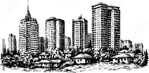 City skyline silhouette with modern buildings and rustic houses. Detailed vector illustration in black and white set.