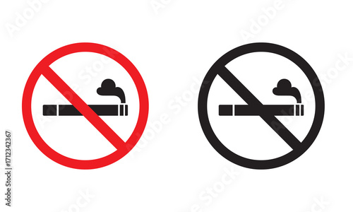 No smoking prohibition signs in red and black. Two no smoking icons featuring a cigarette crossed out inside circular borders, one in red and one in black, symbolizing restriction. vector 10 eps


