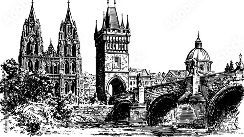 Historic bridge and tower with surrounding buildings by the river. Detailed vector illustration showcasing classic European architecture.