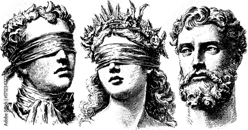 Vintage illustration of classical busts with blindfolds. Detailed black and white vector art in a set showcasing historical significance.