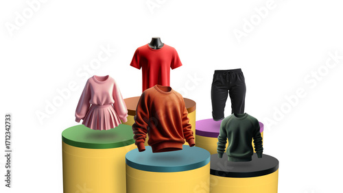 A clothing and apparel exhibition featuring t-shirts, trousers, pajamas, dresses and sweaters on modern-themed, colorful catwalks.
