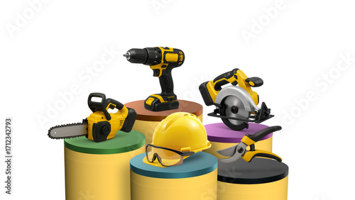 A repair and hardware exhibition featuring drills, wood saws, helmets, and scissors on colorful podiums with a modern theme.