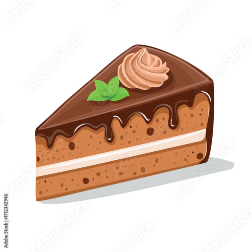 A single slice of chocolate cake with frosting and mint garnish, isolated on white.