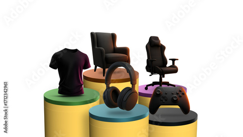A sales and e-commerce exhibition featuring products such as headphones, clothing, t-shirts, office chairs, game consoles, and single chairs displayed on modern, colorful podiums.
