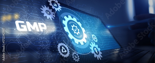 GMP Compliance and Quality Assurance in Manufacturing Illustrated with Digital Interface.