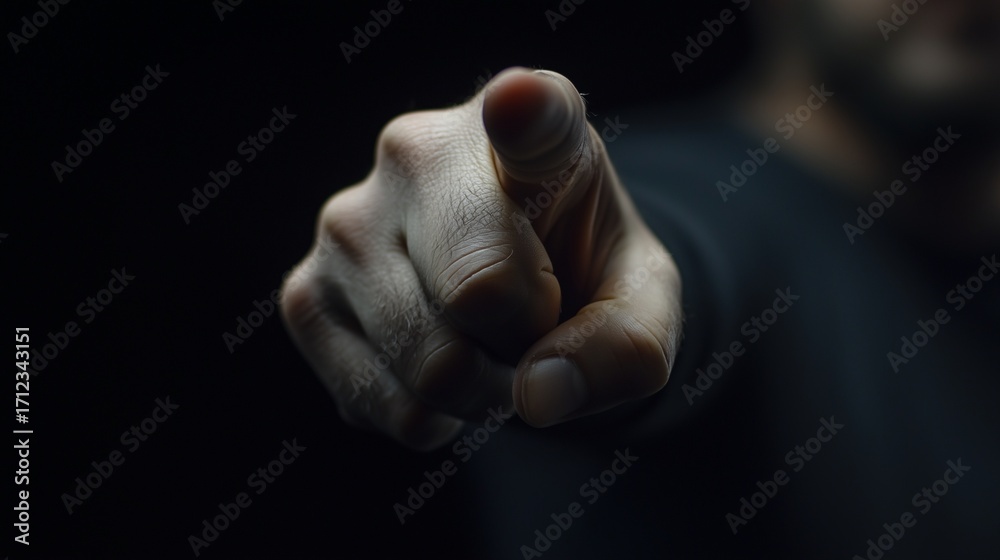 Fototapeta premium Man pointing at the camera. A hand gestures with a finger in the middle of a video. High resolution high resolution field of 4k resolution at the depth of 16:9. A man lifestyle gesturing towards the.