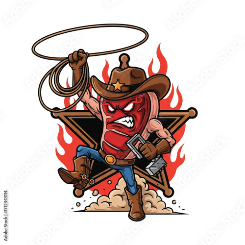 Angry steak cowboy cartoon character wielding lasso, flames, sheriff's star.