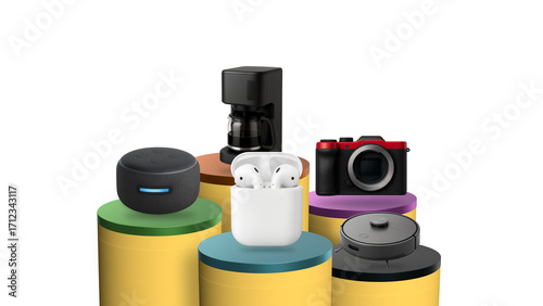 A homeware and technology exhibition featuring headphones, cameras, coffee makers, speakers, and robot vacuum cleaners on colorful, modern podiums.