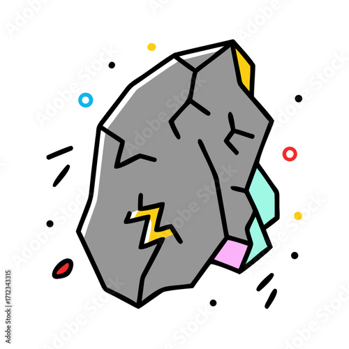 Gray cracked rock stone illustrated in colorful cartoon outlined doodle style isolated on white background