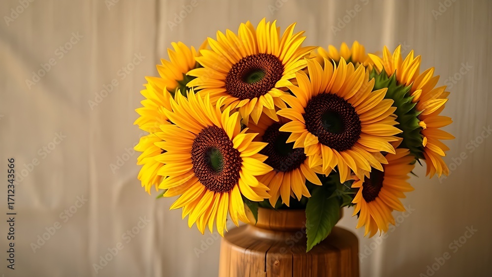 Obraz premium A vibrant sunflower arrangement in a wooden vase, radiating warmth and rustic charm under golden light.