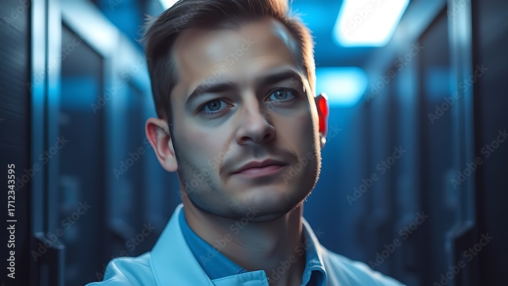 Obraz premium A technical specialist focuses intently with soft blue server room lighting.