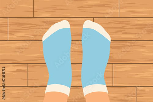feet wearing socks on a wooden floor, top view; cozy and simple design, perfect for lifestyle graphics, home decor, hygge concepts, and everyday illustrations- vector illustration