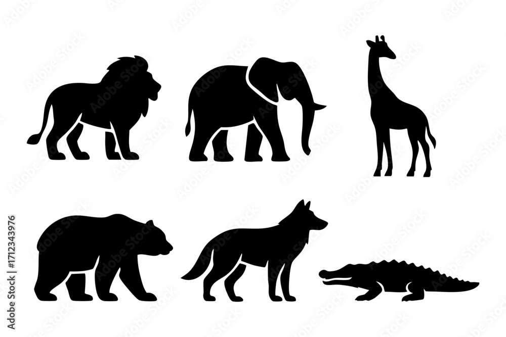 Obraz premium Wild animal icons in black silhouette style: lion, elephant, giraffe, bear, wolf, and crocodile.