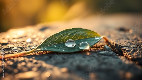 Single tea leaf with dewdrops, morning sunlight highlighting veined texture.