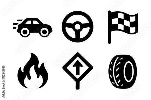 Racing icons in black silhouette style: car, steering wheel, checkered flag, fire, road sign, and tire.