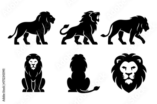 MobilLion icons in black silhouette style: standing lion, roaring lion, walking lion, sitting lion, back view, and lion head.