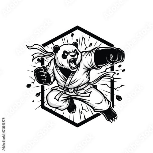 A fierce panda bear, in a karate gi, delivers a powerful punch, breaking through a hexagonal frame.