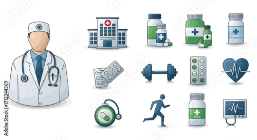 Medical health icons doctor hospital fitness heart medicine pills and healthcare symbols