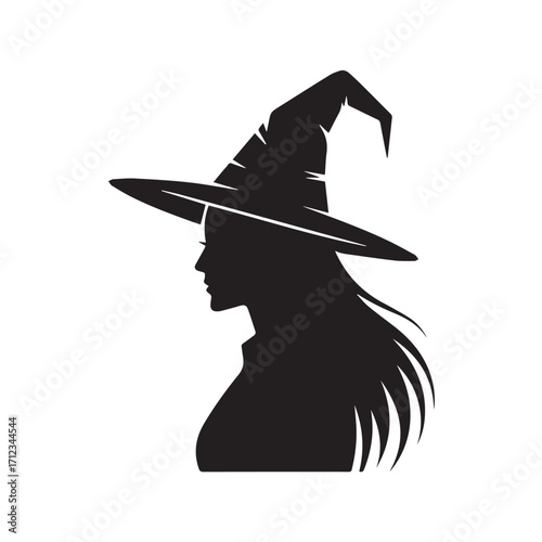 Profile silhouette of a woman wearing a witch hat with long flowing hair, isolated on white background technology background