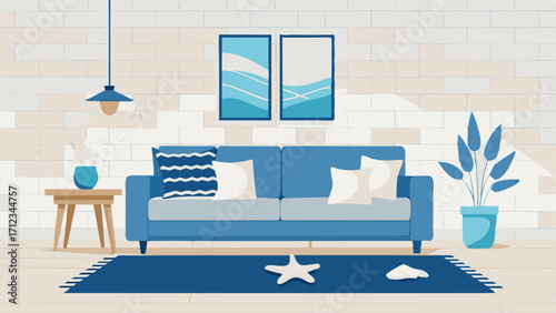 A coastalinspired living room with a whitewashed brick wall a jute rug and a mix of blue and neutral throw pillows.