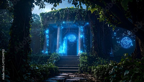 Ancient Structure Covered with Vines and Glowing Runes