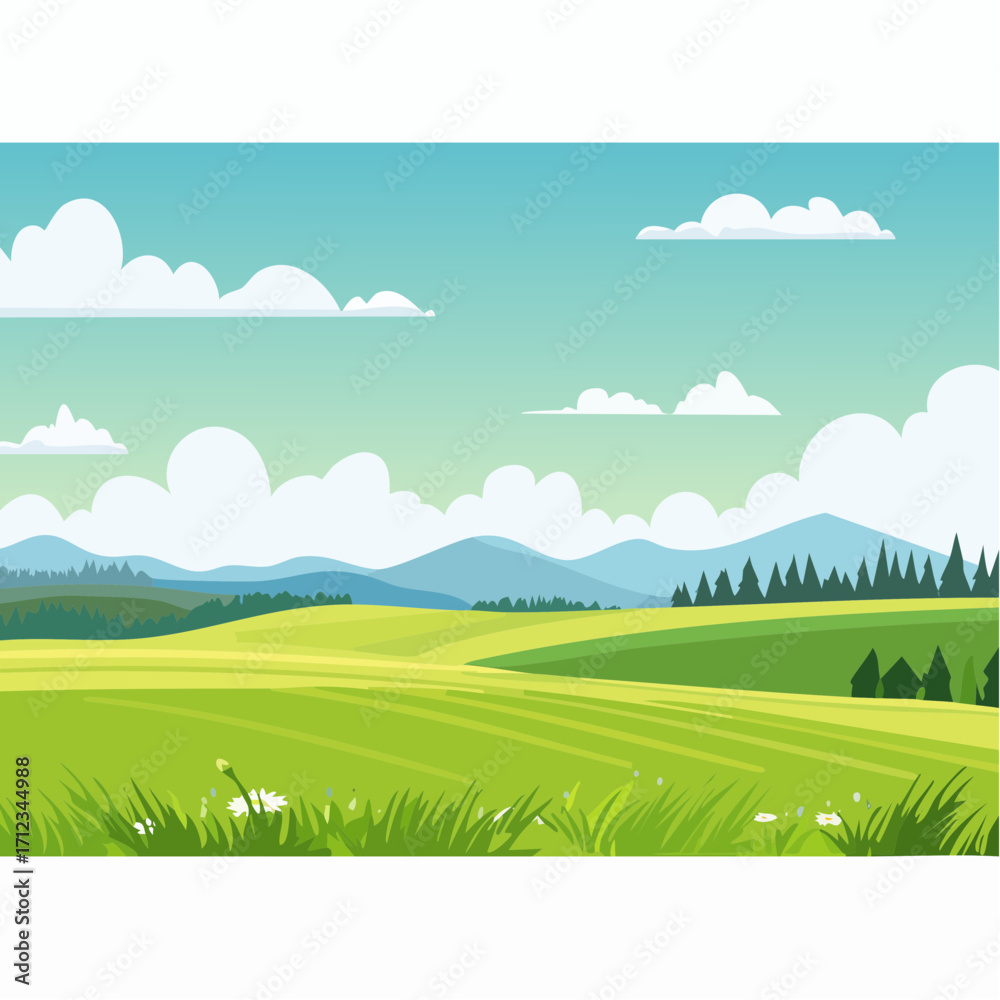Fototapeta premium Landscape with green field and blue sky and big tree center
