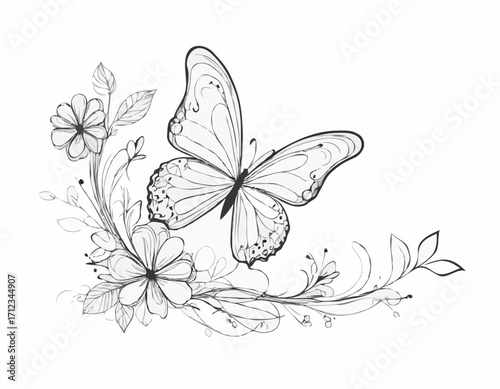Wallpaper Mural Abstract Line Art of a Butterfly with Floral Elements, Delicate and Artistic Design for Spring-Themed Invitations and Crafts. Torontodigital.ca