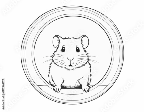 Hand-Drawn Line Art of a Hamster in a Wheel, Cute and Whimsical Illustration for Pet Supply Stores and Children's Products.