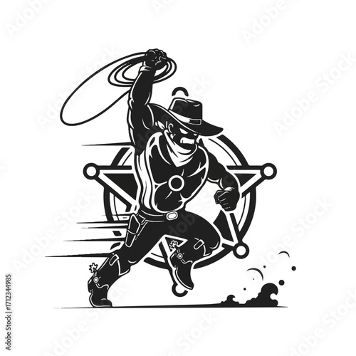 Cartoon cowboy in action, running with a lasso in hand against a star sheriff badge backdrop.