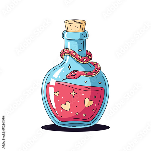 Magical potion bottle with snake and hearts illustration.