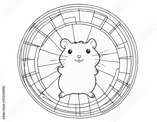 Hand-Drawn Line Art of a Hamster in a Wheel, Cute and Whimsical Illustration for Pet Supply Stores and Children's Products.