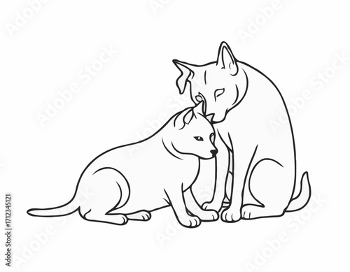 Detailed Line Art Composition of a Dog and Cat Nuzzling, Expressing Affection and Friendship, Perfect for Veterinary Clinics.