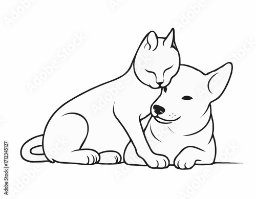 Detailed Line Art Composition of a Dog and Cat Nuzzling, Expressing Affection and Friendship, Perfect for Veterinary Clinics.